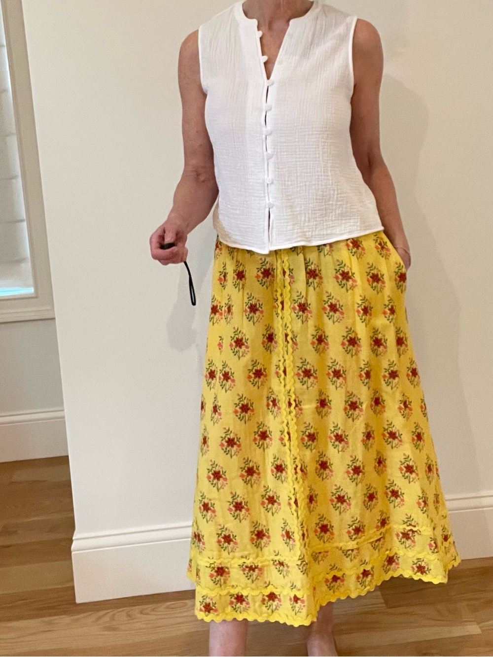 Yellow Floral Midi Skirt with Lace Trim
